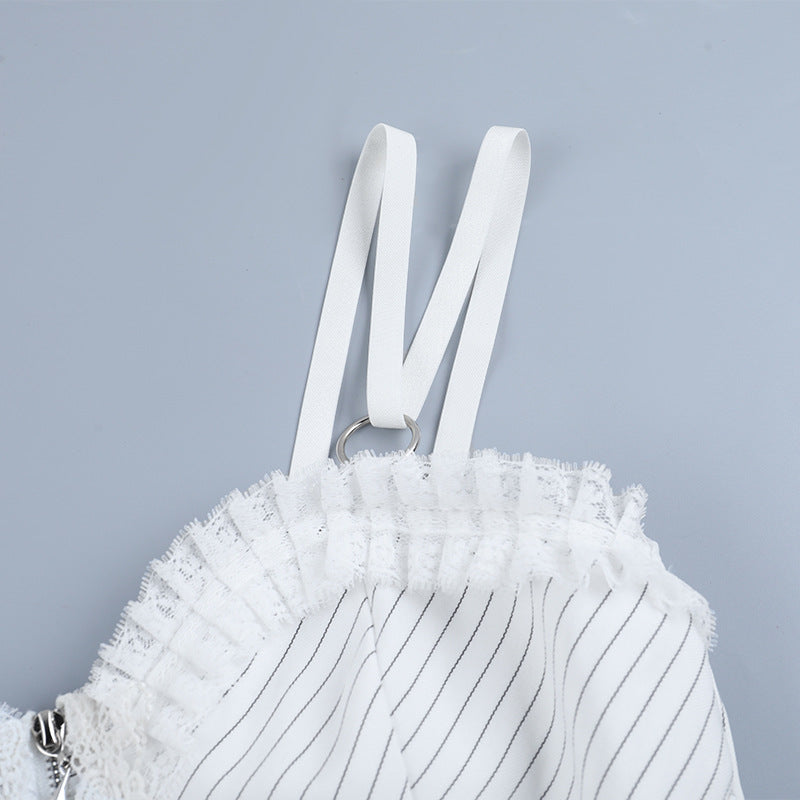 Neo-Victorian Striped Ruffle Corset Top - White Lace-Up Bustier for Halloween & Fall Fashion