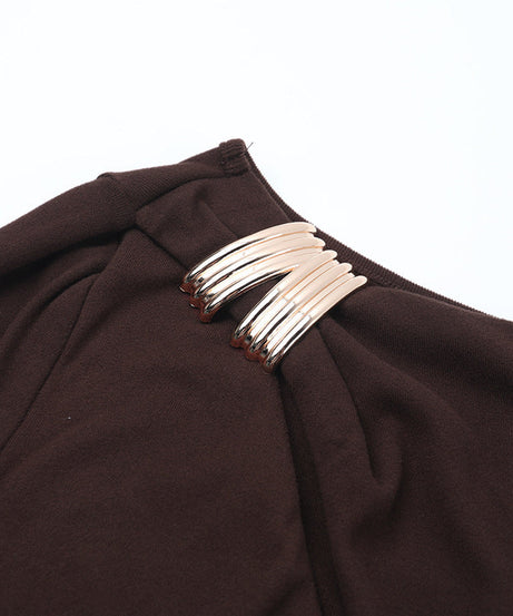 Espresso Elegance: Ruched Long Sleeve Maxi Dress with Glam Embellishments - Your Go-To for Fall & Holiday Parties