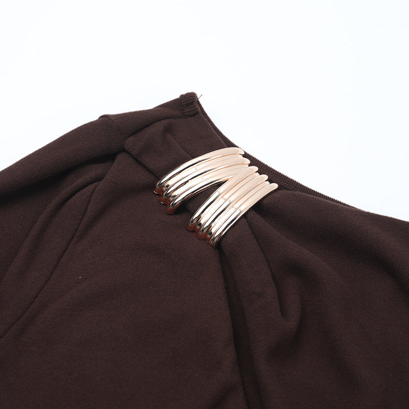 Espresso Elegance: Ruched Long Sleeve Maxi Dress with Glam Embellishments - Your Go-To for Fall & Holiday Parties