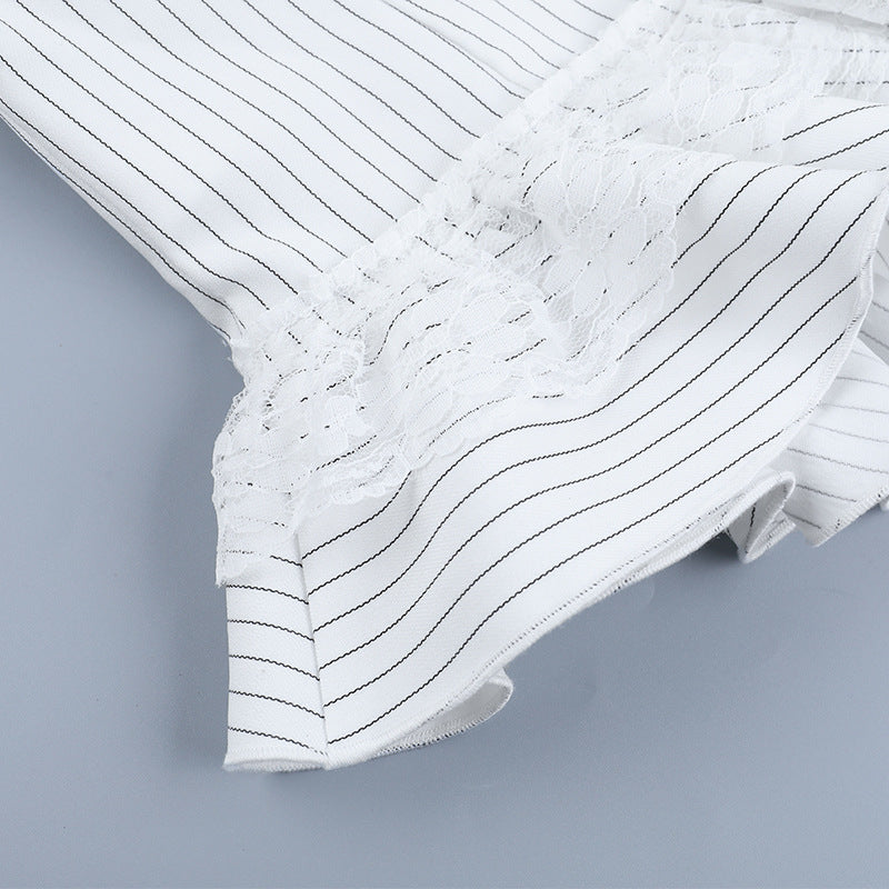 Neo-Victorian Striped Ruffle Corset Top - White Lace-Up Bustier for Halloween & Fall Fashion