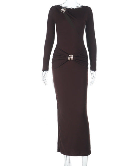 Espresso Elegance: Ruched Long Sleeve Maxi Dress with Glam Embellishments - Your Go-To for Fall & Holiday Parties