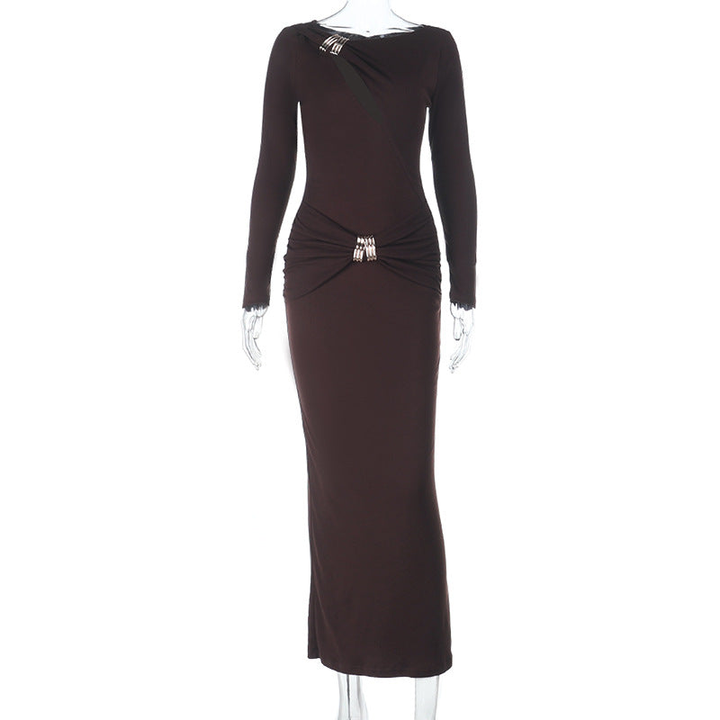 Espresso Elegance: Ruched Long Sleeve Maxi Dress with Glam Embellishments - Your Go-To for Fall & Holiday Parties