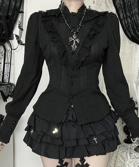 Mystical Midnight Ruffle Blouse - Victorian Goth Button-Down for Fall & Halloween Chic