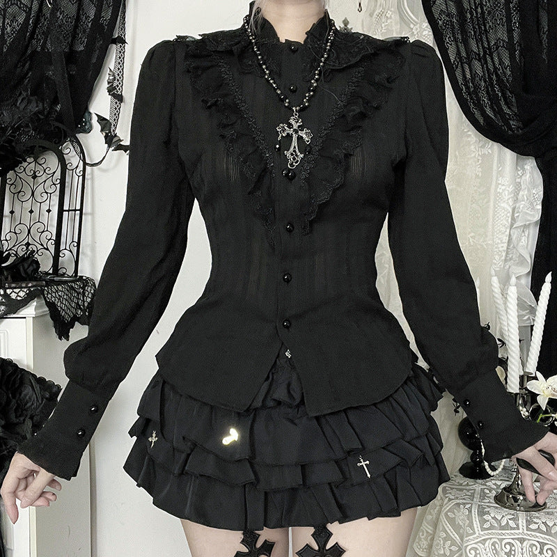 Mystical Midnight Ruffle Blouse - Victorian Goth Button-Down for Fall & Halloween Chic