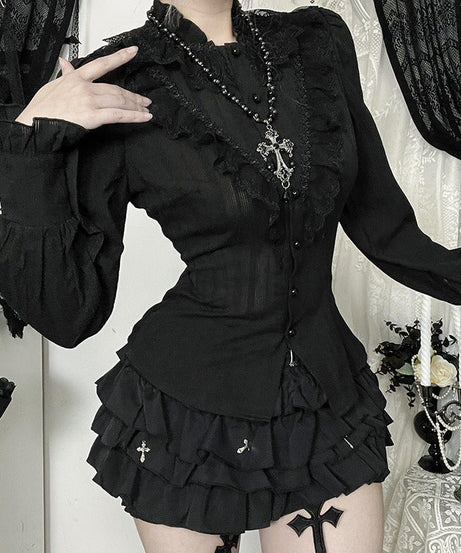 Mystical Midnight Ruffle Blouse - Victorian Goth Button-Down for Fall & Halloween Chic