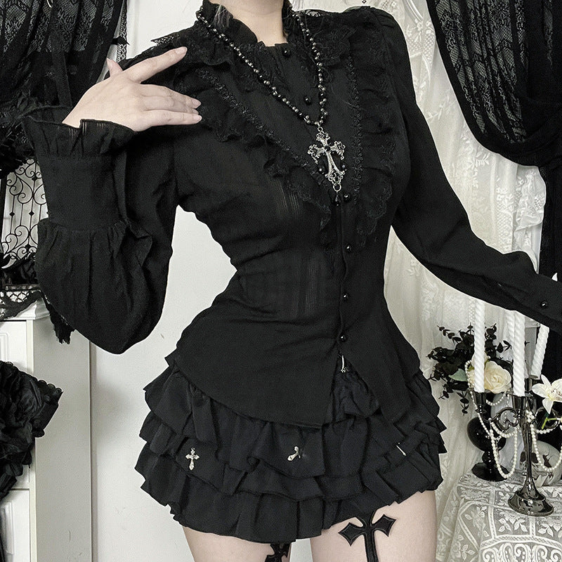 Mystical Midnight Ruffle Blouse - Victorian Goth Button-Down for Fall & Halloween Chic