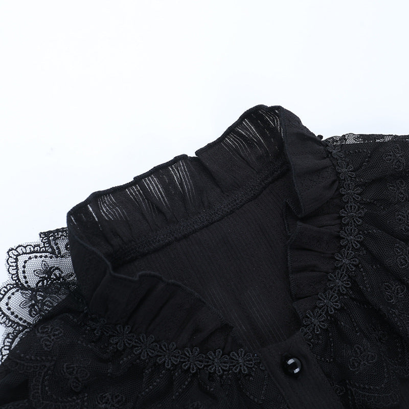 Mystical Midnight Ruffle Blouse - Victorian Goth Button-Down for Fall & Halloween Chic