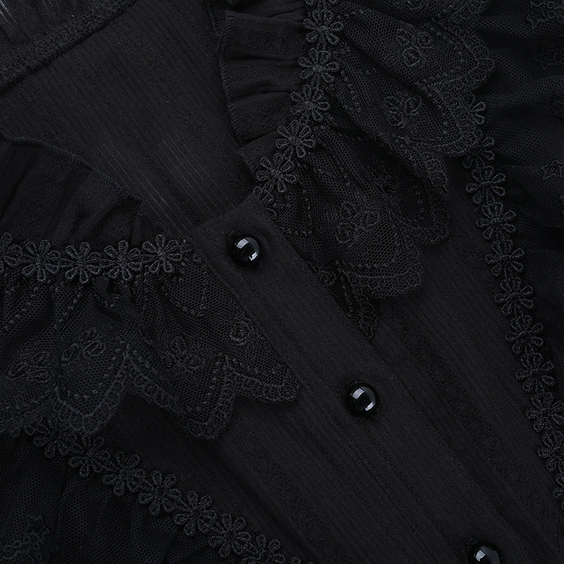Mystical Midnight Ruffle Blouse - Victorian Goth Button-Down for Fall & Halloween Chic