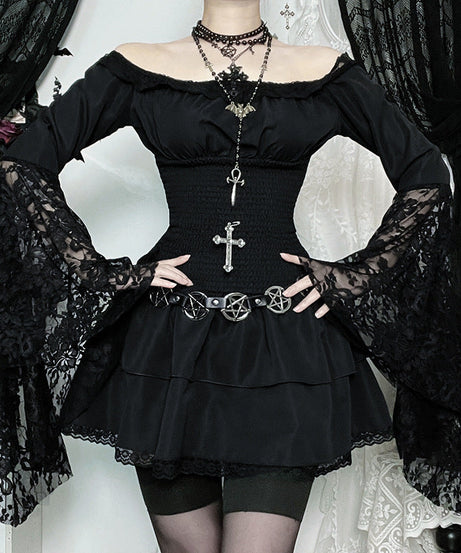Enchanting Gothic Off-Shoulder Mini Dress - Dramatic Lace Bell Sleeves & Ruched Waist for Halloween & Fall