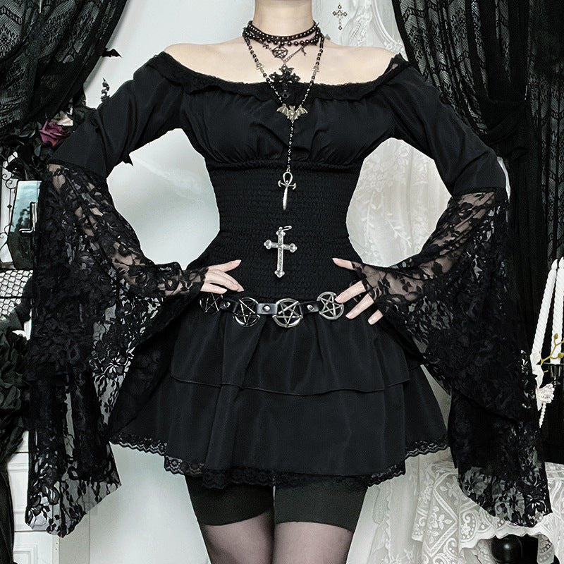 Enchanting Gothic Off-Shoulder Mini Dress - Dramatic Lace Bell Sleeves & Ruched Waist for Halloween & Fall