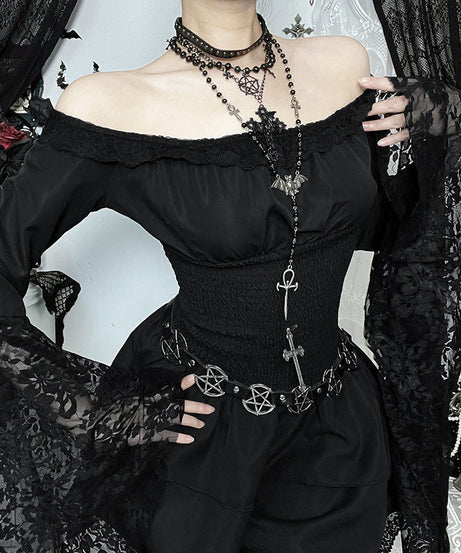 Enchanting Gothic Off-Shoulder Mini Dress - Dramatic Lace Bell Sleeves & Ruched Waist for Halloween & Fall