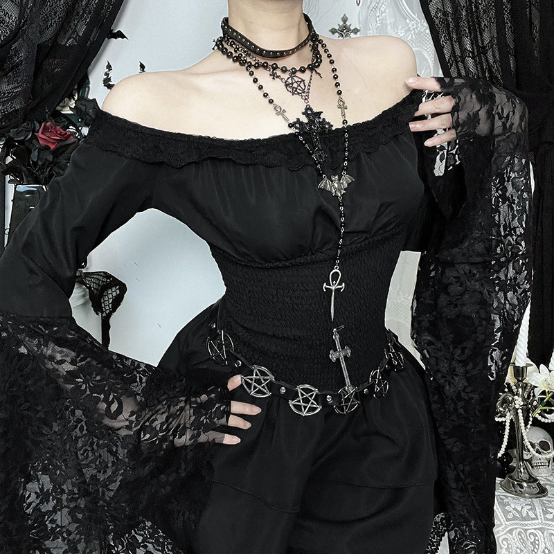 Enchanting Gothic Off-Shoulder Mini Dress - Dramatic Lace Bell Sleeves & Ruched Waist for Halloween & Fall