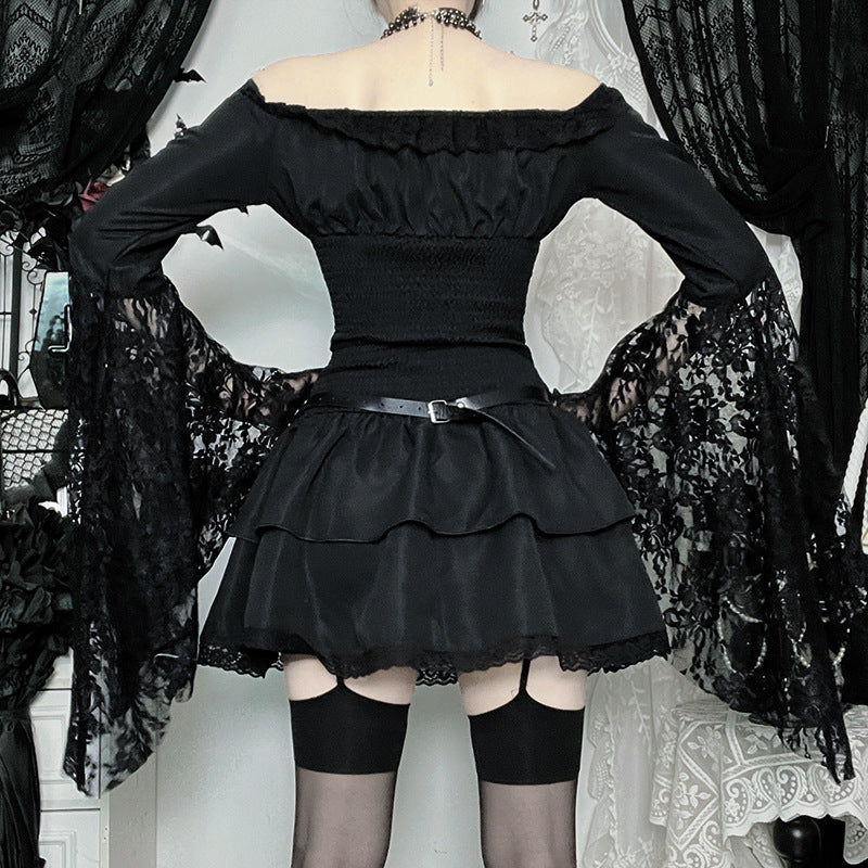 Enchanting Gothic Off-Shoulder Mini Dress - Dramatic Lace Bell Sleeves & Ruched Waist for Halloween & Fall