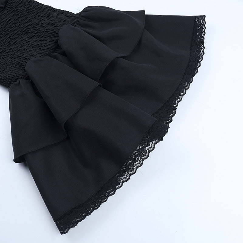 Enchanting Gothic Off-Shoulder Mini Dress - Dramatic Lace Bell Sleeves & Ruched Waist for Halloween & Fall