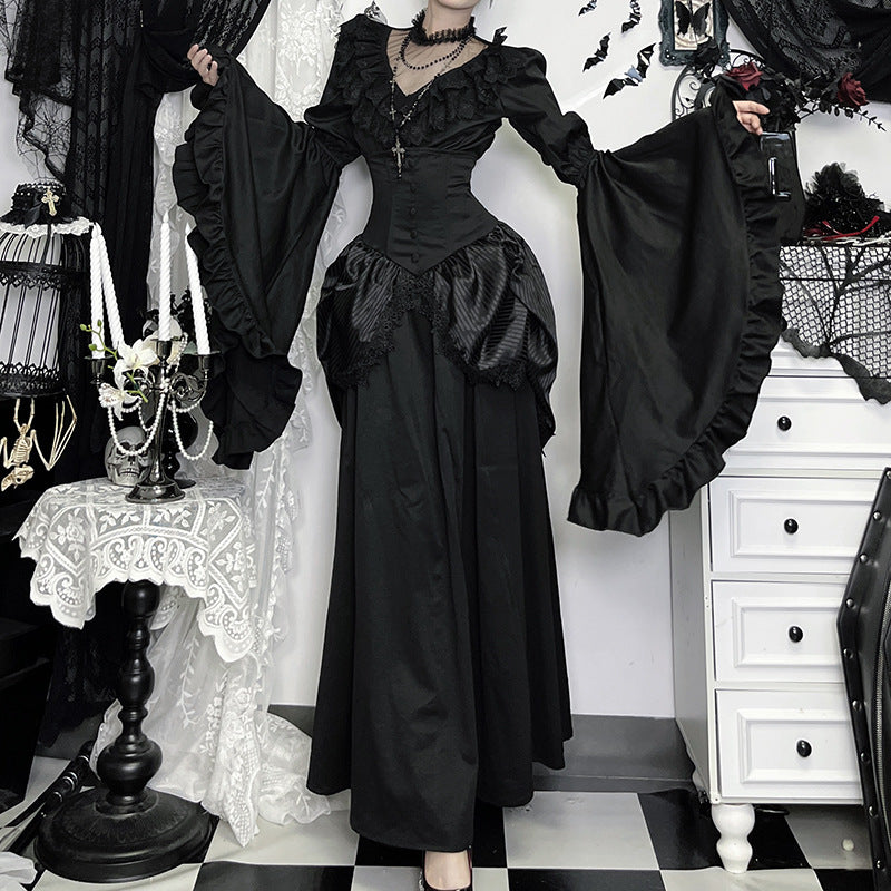 Victorian Gothic Ruffled Maxi Dress - Elegant Black Gown for Halloween, Fall Formals & Dark Academia