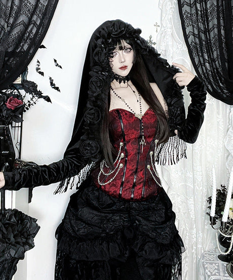Enchanted Rose Velvet Hooded Shrug - Gothic Vampire Halloween Glamour