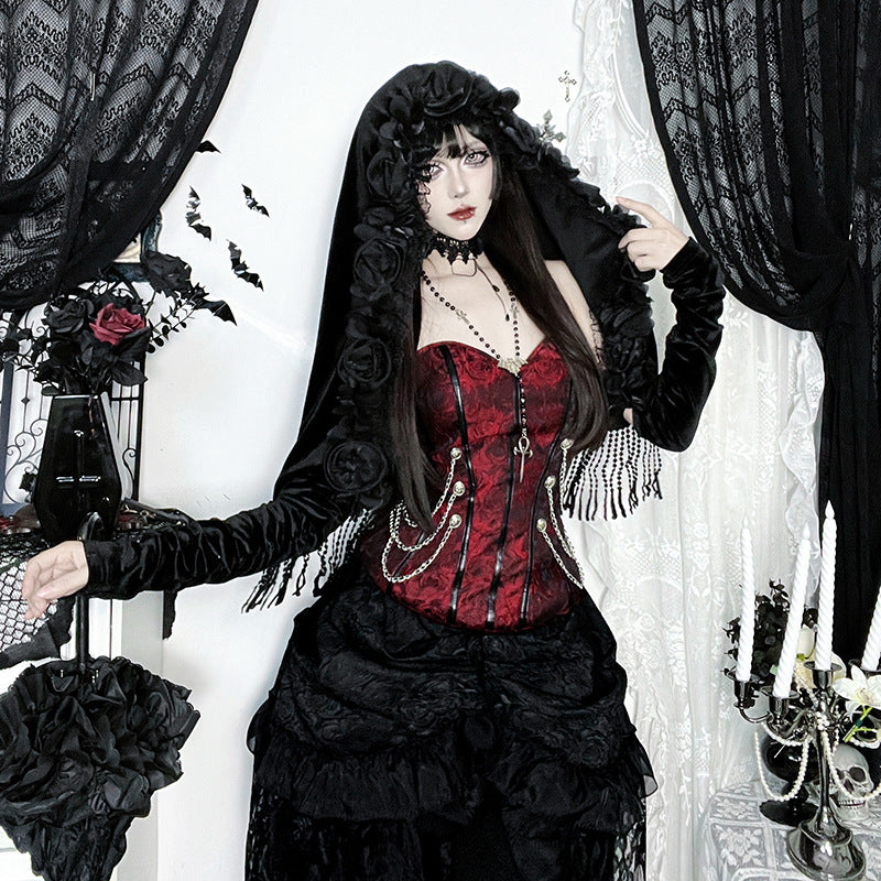 Enchanted Rose Velvet Hooded Shrug - Gothic Vampire Halloween Glamour