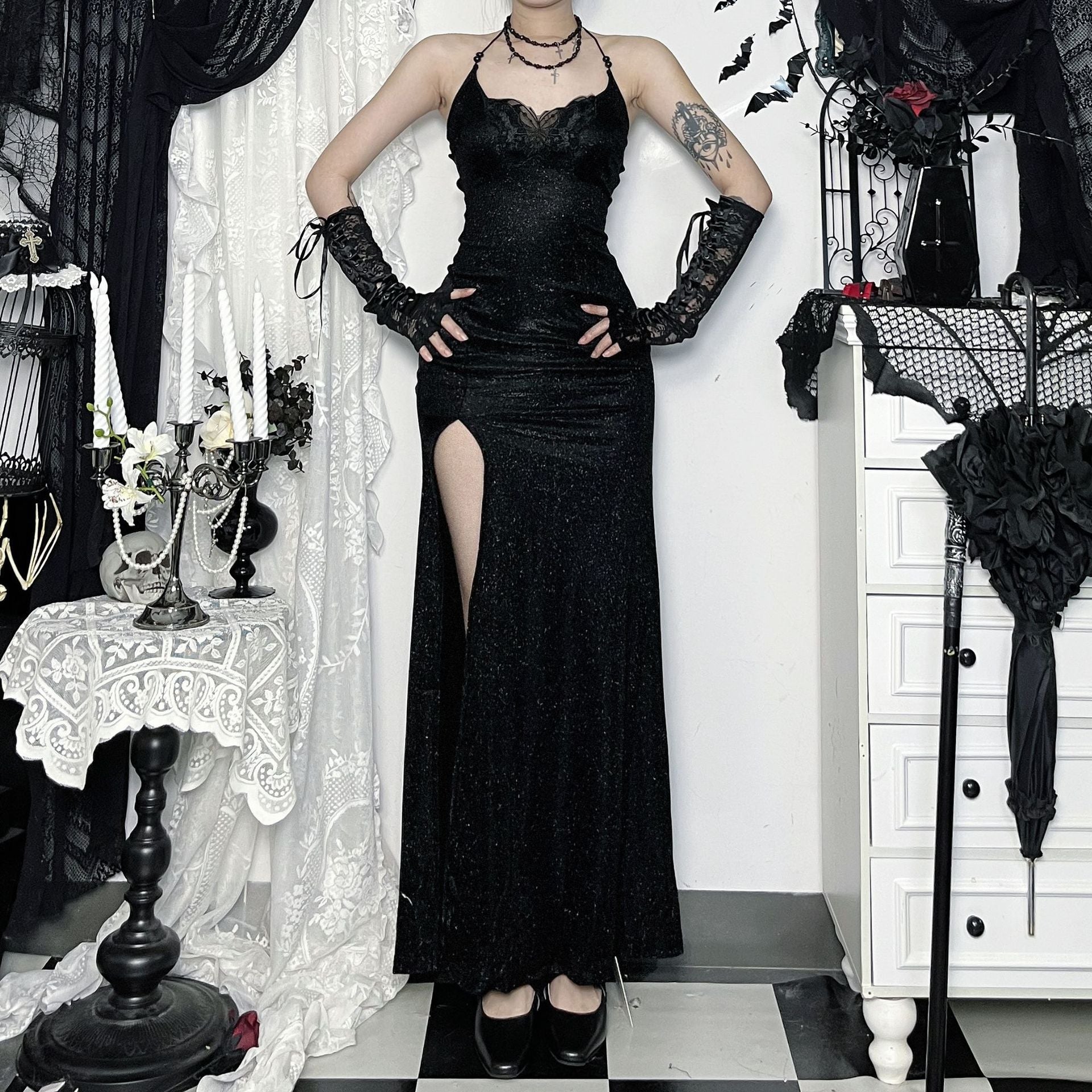 Enchanting Midnight Sparkle Halter Gown - Daring Slit Maxi Dress for Halloween & Holiday Glam