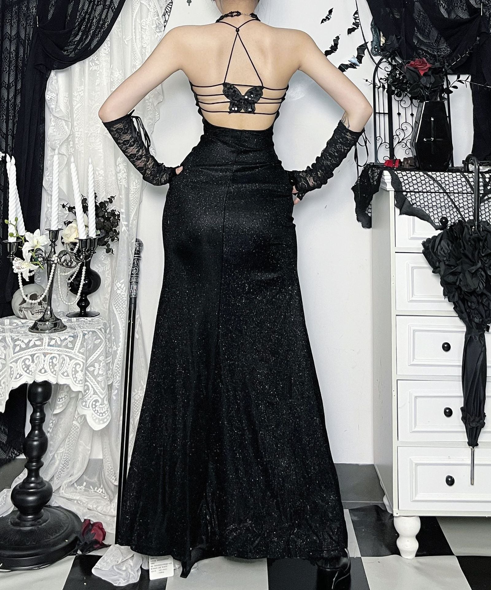 Enchanting Midnight Sparkle Halter Gown - Daring Slit Maxi Dress for Halloween & Holiday Glam