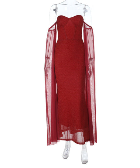 Glimmering Ruby Red Strapless Mermaid Gown with Dramatic Cape Sleeves - Holiday Party & New Year's Eve Ready