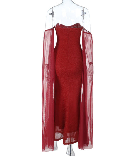 Glimmering Ruby Red Strapless Mermaid Gown with Dramatic Cape Sleeves - Holiday Party & New Year's Eve Ready