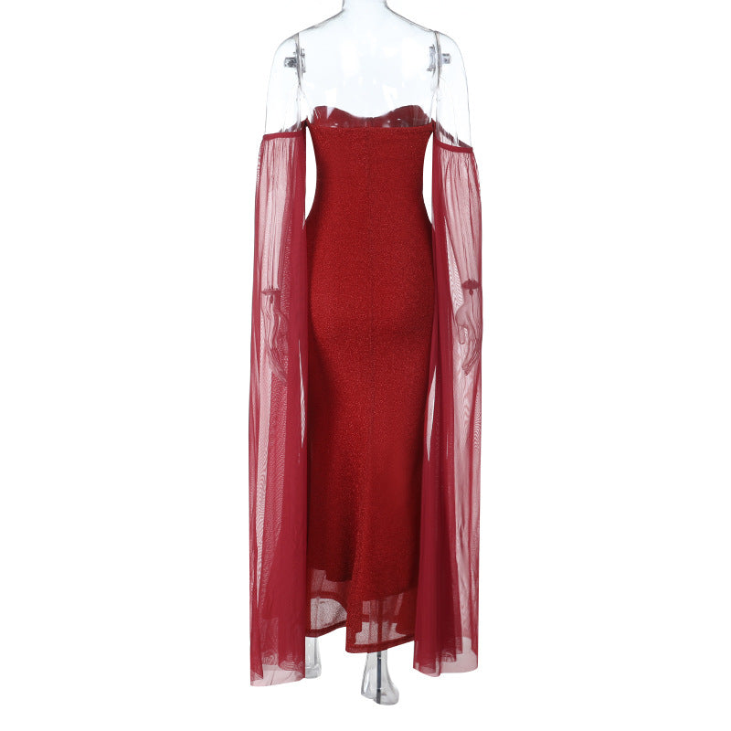 Glimmering Ruby Red Strapless Mermaid Gown with Dramatic Cape Sleeves - Holiday Party & New Year's Eve Ready