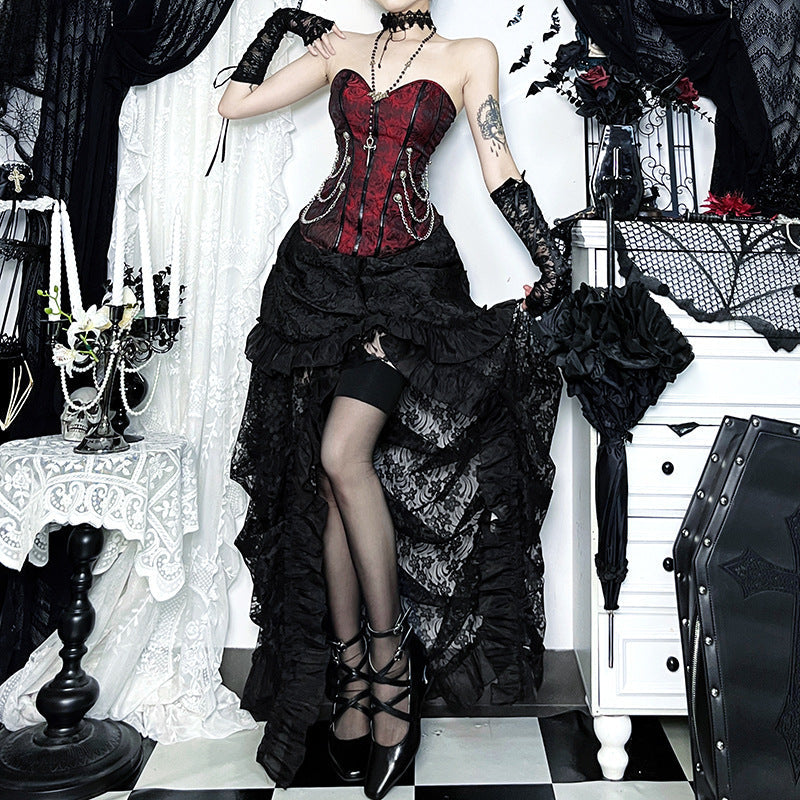 Haute Gothic Black Lace Hi-Lo Skirt | Victorian Ruffles for Halloween & Dark Romance