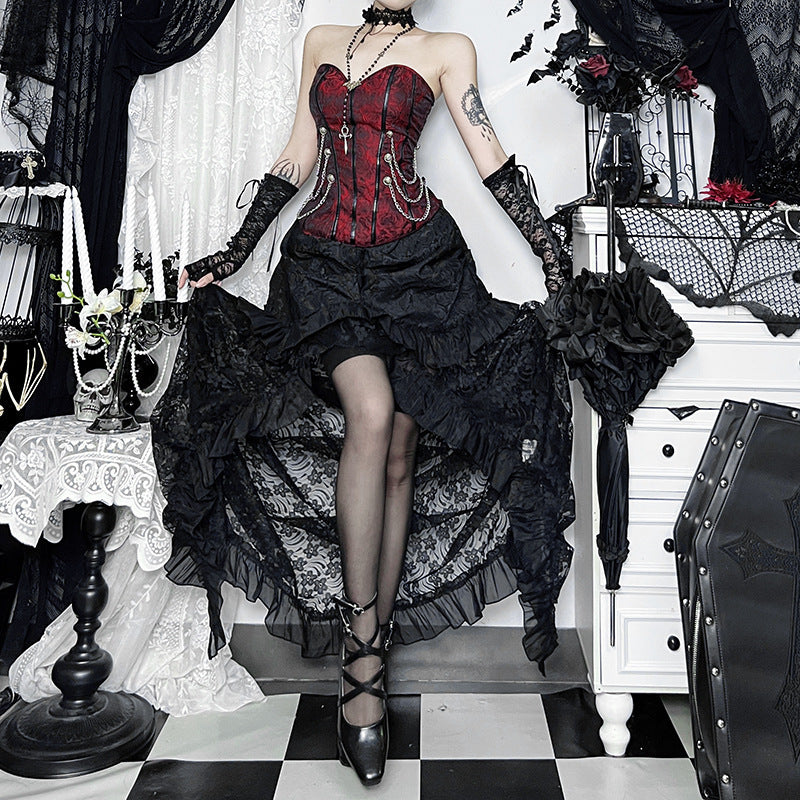 Haute Gothic Black Lace Hi-Lo Skirt | Victorian Ruffles for Halloween & Dark Romance
