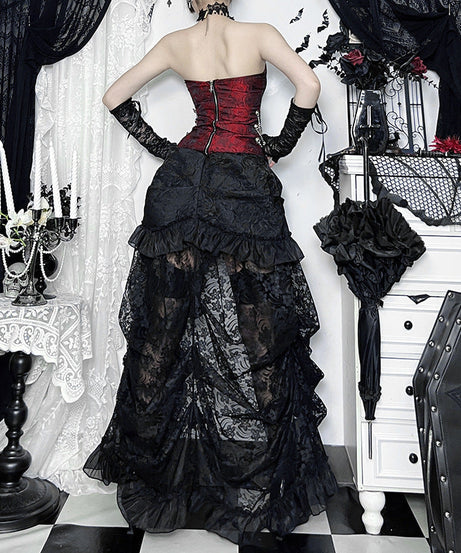 Haute Gothic Black Lace Hi-Lo Skirt | Victorian Ruffles for Halloween & Dark Romance