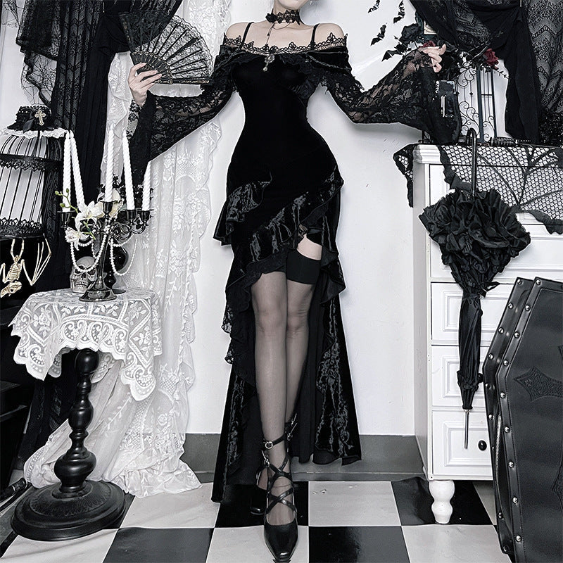 Bewitching Velvet & Lace Off-Shoulder Gown - Dramatic High-Low Hem for Gothic Glamour & Halloween