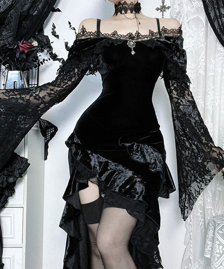 Bewitching Velvet & Lace Off-Shoulder Gown - Dramatic High-Low Hem for Gothic Glamour & Halloween