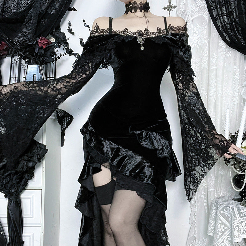 Bewitching Velvet & Lace Off-Shoulder Gown - Dramatic High-Low Hem for Gothic Glamour & Halloween