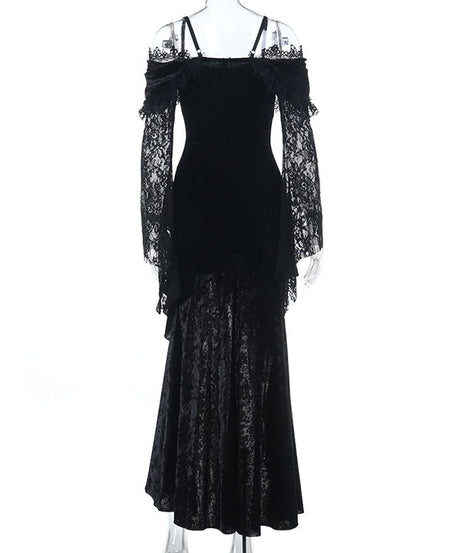 Bewitching Velvet & Lace Off-Shoulder Gown - Dramatic High-Low Hem for Gothic Glamour & Halloween
