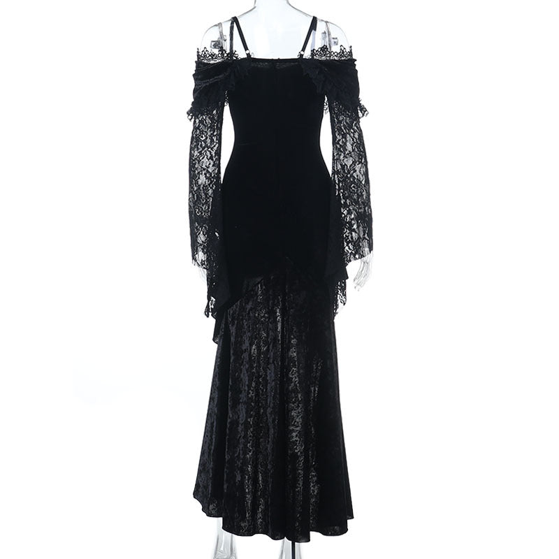 Bewitching Velvet & Lace Off-Shoulder Gown - Dramatic High-Low Hem for Gothic Glamour & Halloween