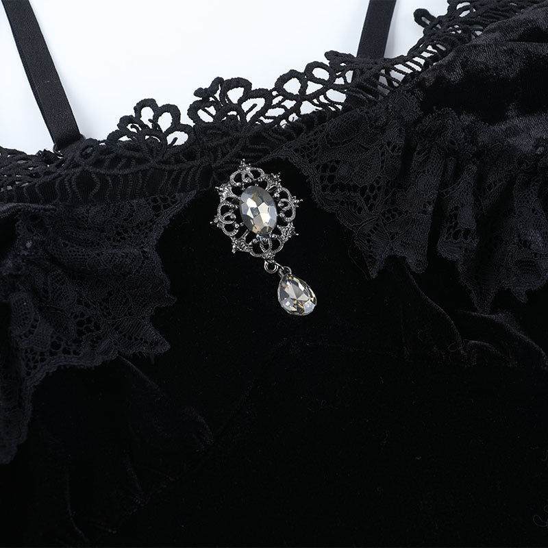 Bewitching Velvet & Lace Off-Shoulder Gown - Dramatic High-Low Hem for Gothic Glamour & Halloween