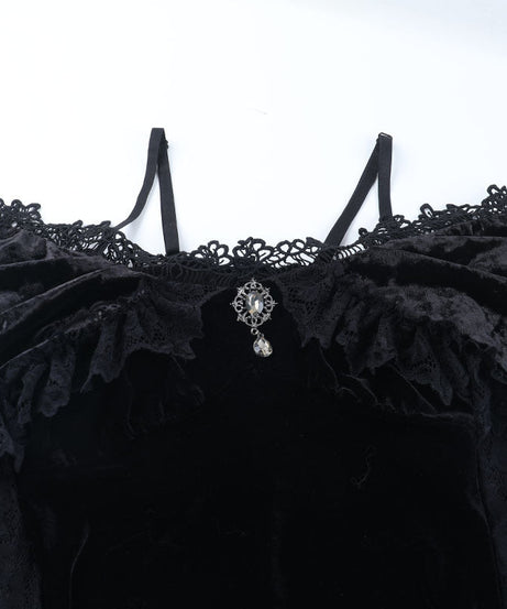 Bewitching Velvet & Lace Off-Shoulder Gown - Dramatic High-Low Hem for Gothic Glamour & Halloween