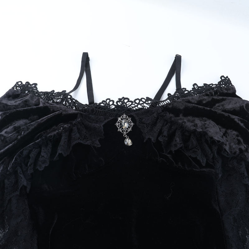 Bewitching Velvet & Lace Off-Shoulder Gown - Dramatic High-Low Hem for Gothic Glamour & Halloween
