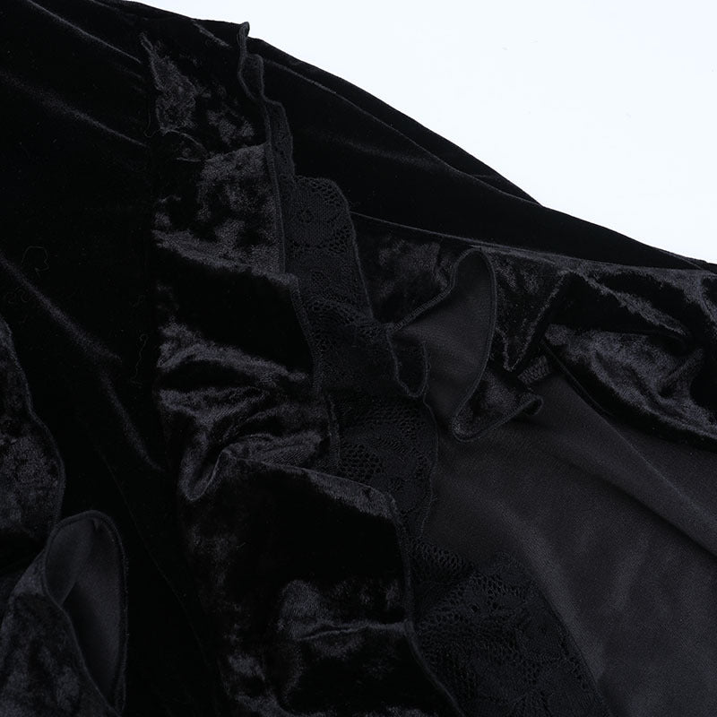 Bewitching Velvet & Lace Off-Shoulder Gown - Dramatic High-Low Hem for Gothic Glamour & Halloween