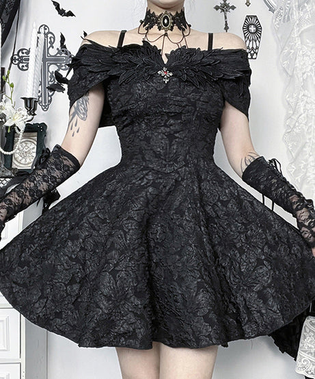 Enchanting Black Gothic Off-Shoulder Mini Dress - Textured Elegance for Fall & Halloween