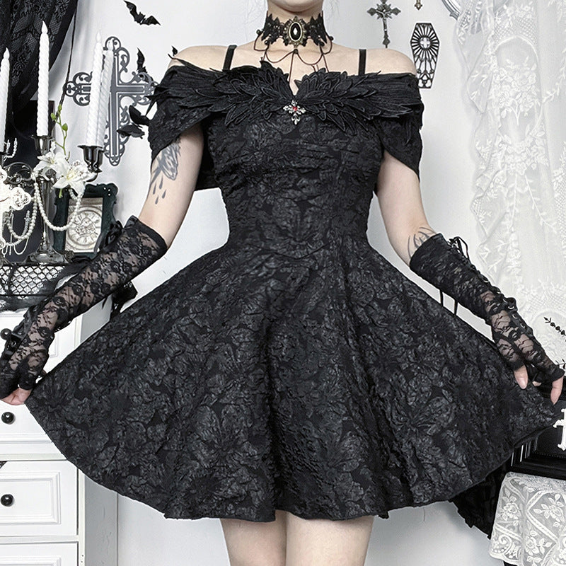 Enchanting Black Gothic Off-Shoulder Mini Dress - Textured Elegance for Fall & Halloween