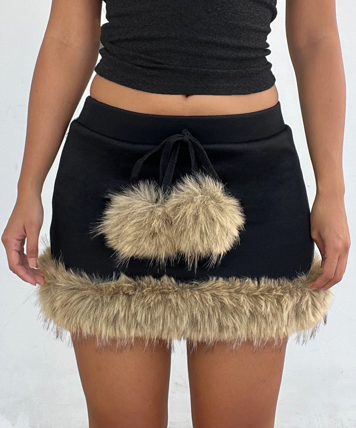 Cozy Chic Black Faux Fur Pom-Pom Mini Skirt - Y2K Fall & Holiday Party Ready!