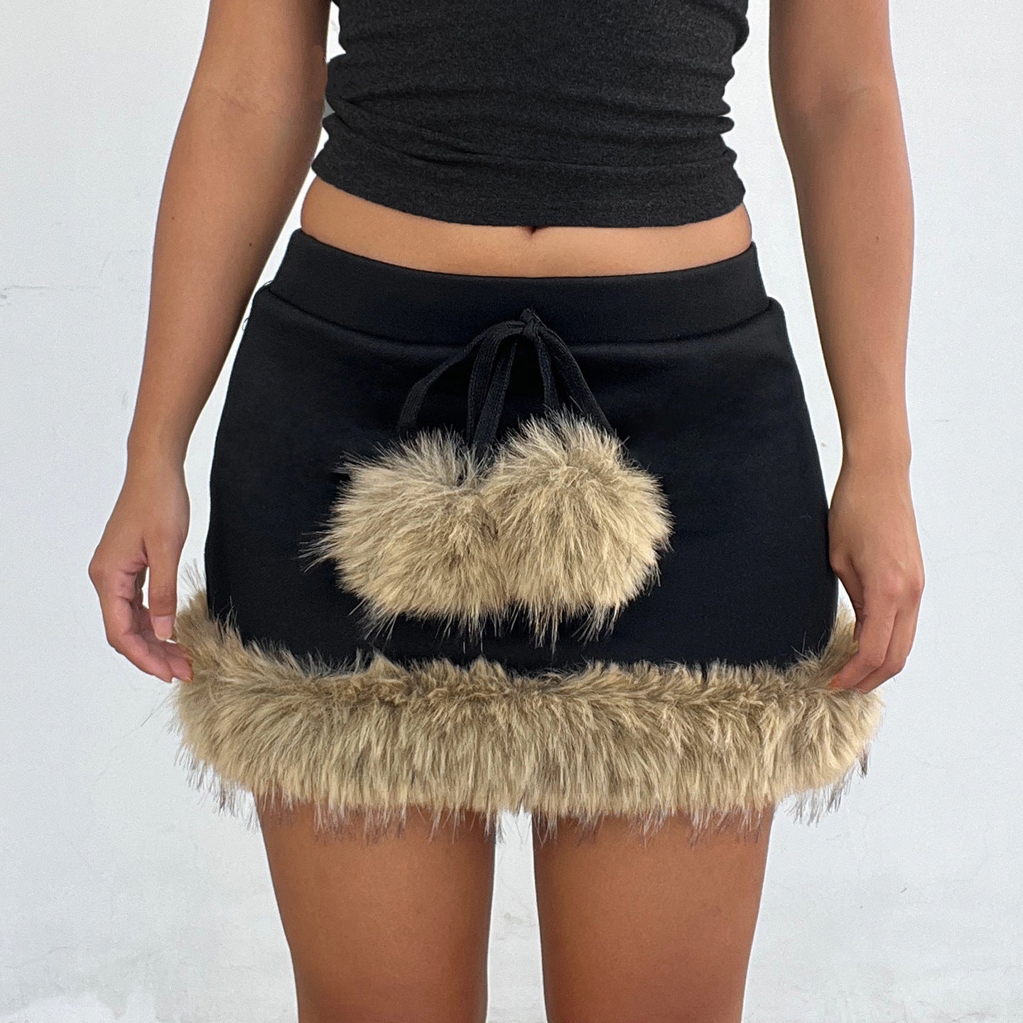 Cozy Chic Black Faux Fur Pom-Pom Mini Skirt - Y2K Fall & Holiday Party Ready!