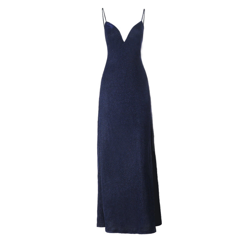 Radiant Navy Sparkle Maxi Dress | V-Neck Cami Gown for Holiday Parties & Galas
