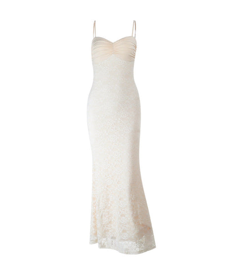 Elegant Ivory Ruched Lace Maxi Gown - Perfect for Fall Weddings & Holiday Galas