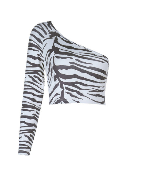 Fierce Zebra Print One-Shoulder Long Sleeve Crop Top - Your Go-To for Fall Nights & Holiday Parties