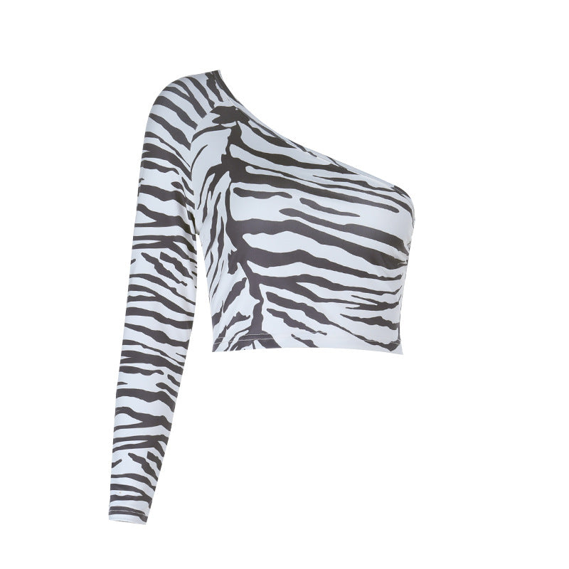 Fierce Zebra Print One-Shoulder Long Sleeve Crop Top - Your Go-To for Fall Nights & Holiday Parties