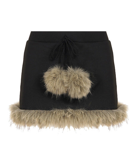 Cozy Chic Black Faux Fur Pom-Pom Mini Skirt - Y2K Fall & Holiday Party Ready!