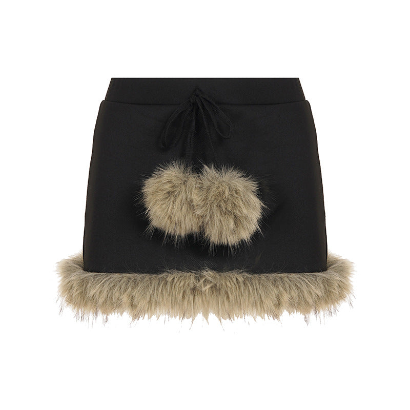 Cozy Chic Black Faux Fur Pom-Pom Mini Skirt - Y2K Fall & Holiday Party Ready!