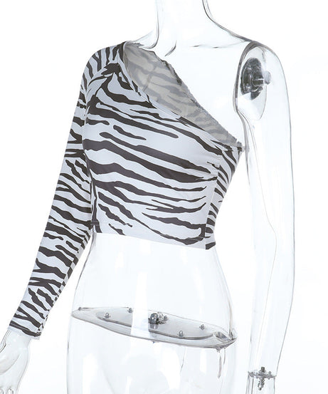 Fierce Zebra Print One-Shoulder Long Sleeve Crop Top - Your Go-To for Fall Nights & Holiday Parties