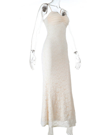 Elegant Ivory Ruched Lace Maxi Gown - Perfect for Fall Weddings & Holiday Galas